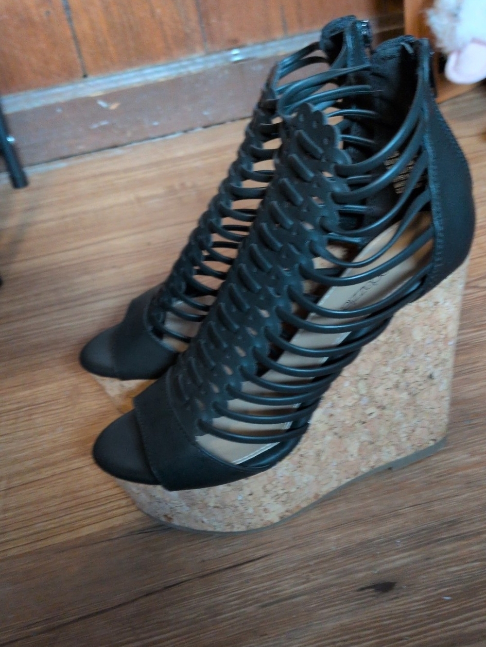 Womens Black Strappy Cork Wedge Sandals
